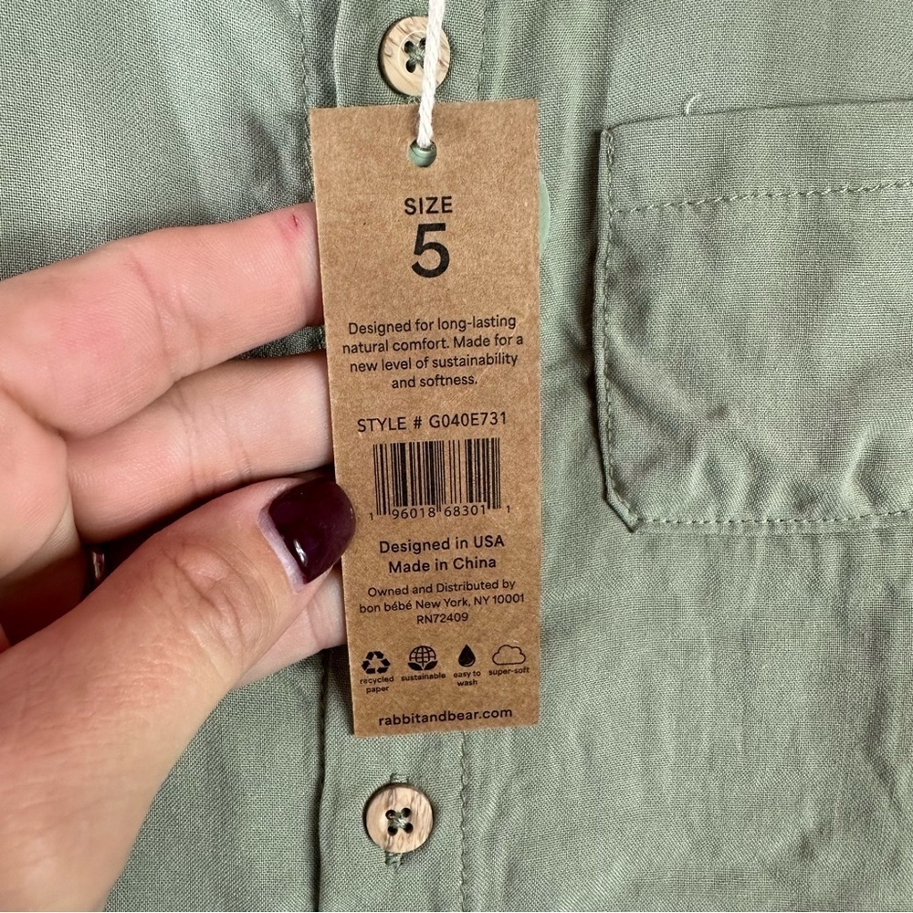 NWT rabbit + bear organic cotton linen blend short set boys sage green - Picture 10 of 14